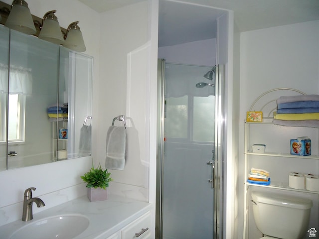 bathroom with a stall shower, toilet, and vanity