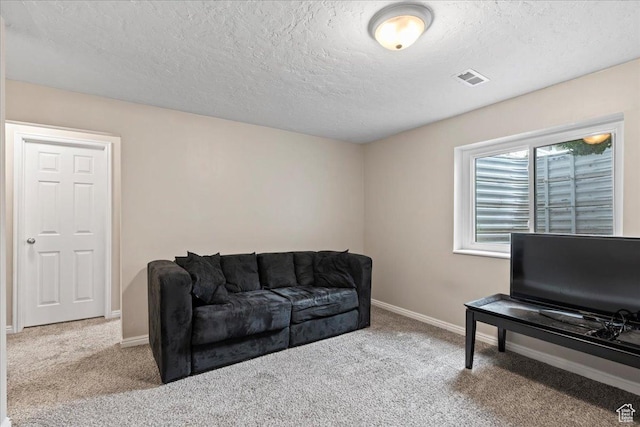 living room featuring carpet floors, a textured ceiling, and baseboards