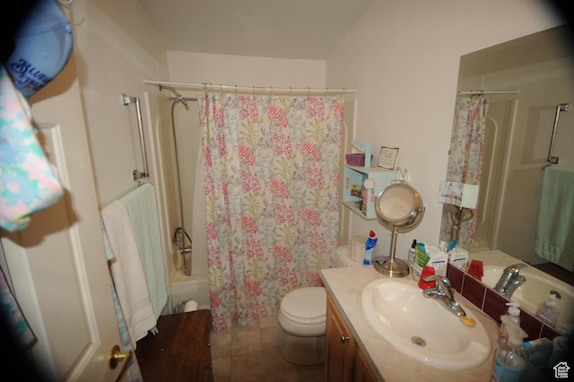 bathroom with shower / bath combination with curtain, vanity, toilet, and tile patterned flooring
