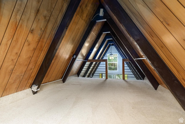 2147 N 3850 E, Eden, UT 84310 - additional living space with carpet flooring, lofted ceiling, and wood walls