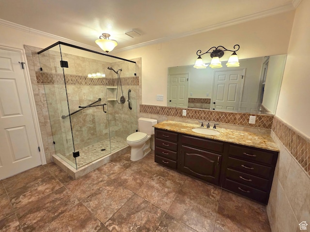 242 W 1100 S, Orem, UT 84058 - bathroom with a stall shower, vanity, crown molding, toilet, and tile walls
