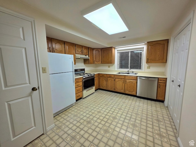 242 W 1100 S, Orem, UT 84058 - kitchen featuring white appliances, a sink, under cabinet range hood, brown cabinetry, and light countertops