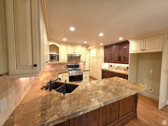 242 W 1100 S, Orem, UT 84058 - kitchen with stainless steel appliances, recessed lighting, under cabinet range hood, a sink, and light stone countertops