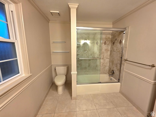 242 W 1100 S, Orem, UT 84058 - bathroom featuring tile patterned flooring, toilet, bath / shower combo with glass door, and crown molding