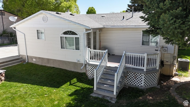 415 N Cedar Vw, Orangeville, UT 84537 - rear view of house featuring central AC, a yard, a deck, a shingled roof, and stairs
