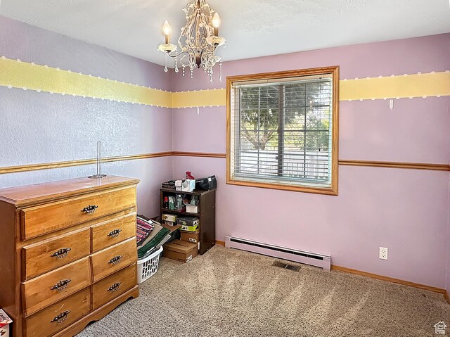 415 N Cedar Vw, Orangeville, UT 84537 - carpeted bedroom featuring a baseboard heating unit, a chandelier, and baseboards