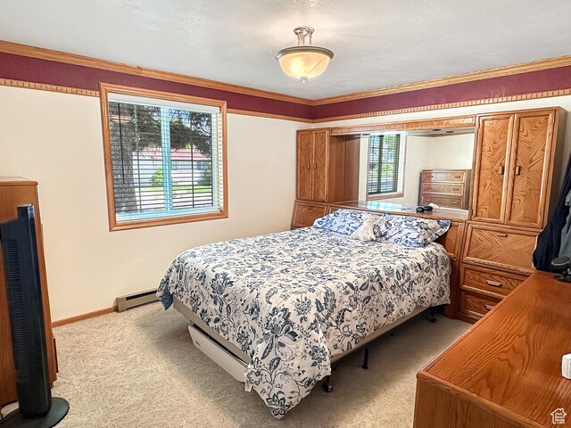 415 N Cedar Vw, Orangeville, UT 84537 - bedroom with light colored carpet, a baseboard heating unit, ornamental molding, and baseboards