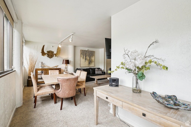 dining area with baseboards, carpet flooring, and rail lighting