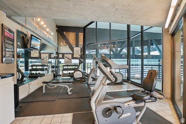 gym featuring expansive windows and tile patterned floors