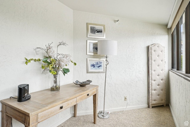 home office with carpet, baseboards, and a textured wall