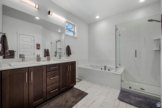 703 W Swinley Dr, Murray, UT 84123 - full bathroom featuring a stall shower, marble look tile flooring, a garden tub, double vanity, and recessed lighting