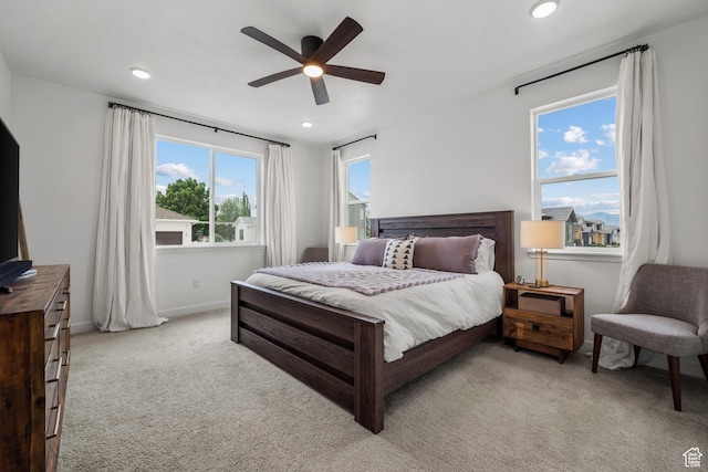 703 W Swinley Dr, Murray, UT 84123 - bedroom with light colored carpet, recessed lighting, ceiling fan, and baseboards