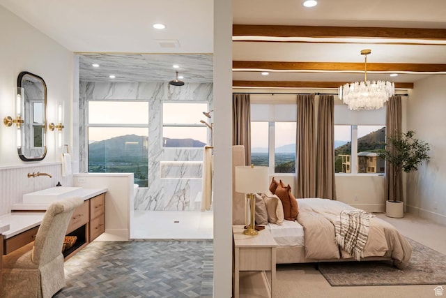 1171 E 430 S, Santaquin, UT 84655 - bedroom with recessed lighting, a chandelier, a sink, wainscoting, and beam ceiling