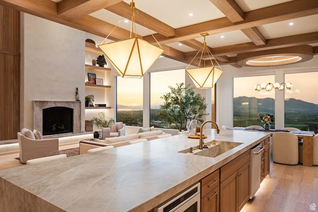 1171 E 430 S, Santaquin, UT 84655 - kitchen with a sink, open floor plan, coffered ceiling, beam ceiling, and light wood finished floors