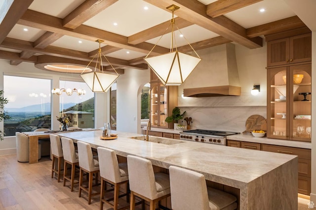 1171 E 430 S, Santaquin, UT 84655 - kitchen featuring custom exhaust hood, range, light wood-type flooring, coffered ceiling, and backsplash