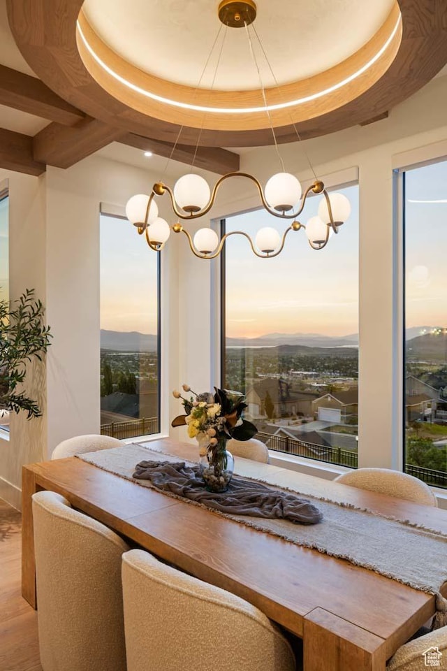 1171 E 430 S, Santaquin, UT 84655 - dining space featuring a chandelier, a tray ceiling, and wood finished floors