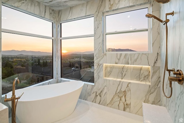 1171 E 430 S, Santaquin, UT 84655 - full bathroom featuring a freestanding bath, a marble finish shower, and a mountain view