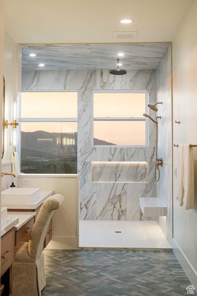 1171 E 430 S, Santaquin, UT 84655 - bathroom with vanity, recessed lighting, a marble finish shower, and baseboards