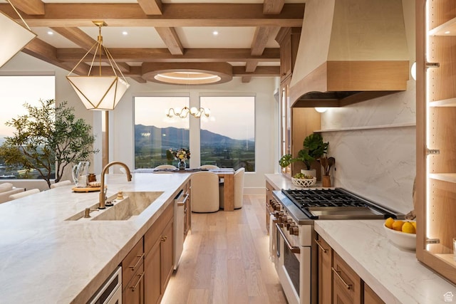 1171 E 430 S, Santaquin, UT 84655 - kitchen featuring custom exhaust hood, double oven range, a sink, light wood finished floors, and brown cabinets