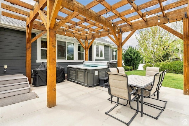 view of patio / terrace with a hot tub, a grill, outdoor dining area, and a pergola