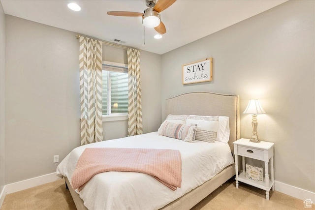 bedroom with carpet floors, baseboards, a ceiling fan, and recessed lighting