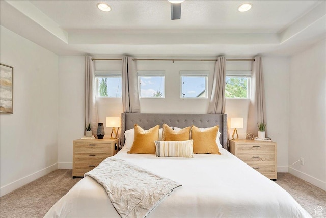 bedroom featuring carpet, multiple windows, baseboards, and recessed lighting