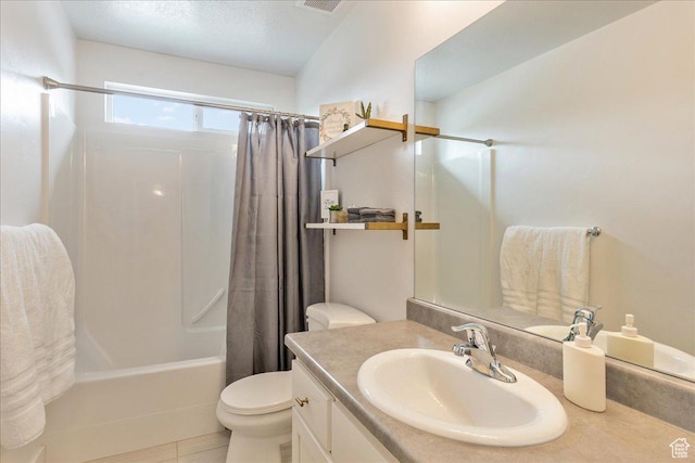 bathroom with toilet, shower / bath combo with shower curtain, and vanity