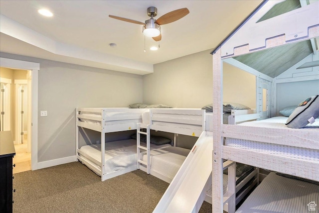 bedroom with carpet flooring, baseboards, recessed lighting, and ceiling fan