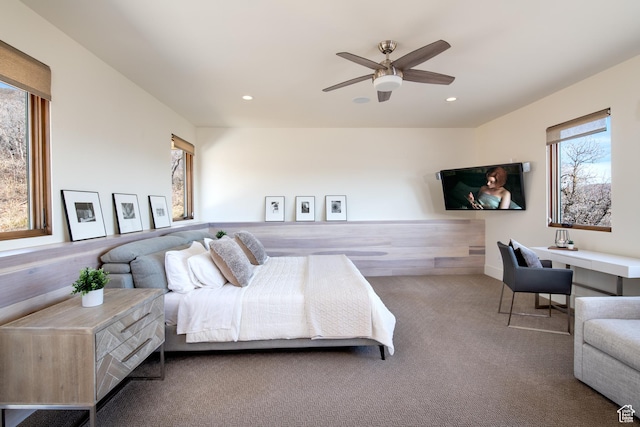 bedroom featuring carpet, recessed lighting, and ceiling fan