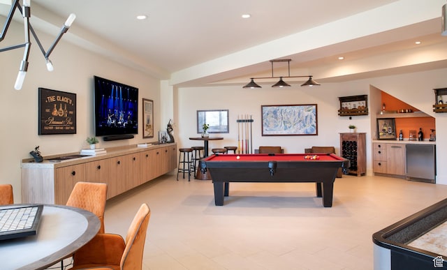 recreation room featuring a dry bar, pool table, and recessed lighting
