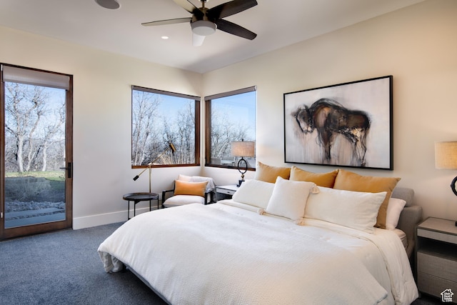 bedroom with access to outside, baseboards, carpet floors, ceiling fan, and recessed lighting