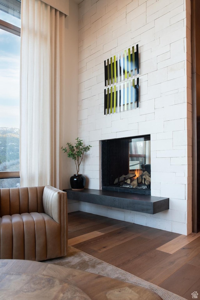 living room featuring wood finished floors and a multi sided fireplace