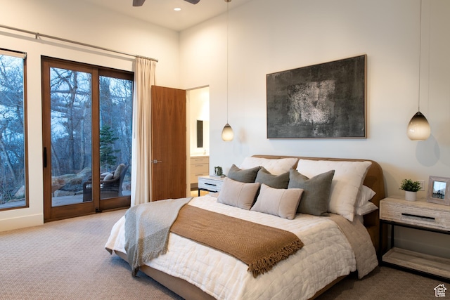 bedroom featuring carpet floors, access to outside, recessed lighting, and baseboards