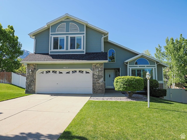 view of front of home featuring stone siding, a garage, driveway, and a shingled roof
