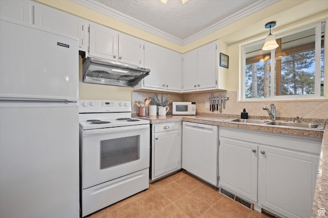 2068 S 200 E, Bountiful, UT 84010 - kitchen with white appliances, under cabinet range hood, a sink, white cabinets, and tasteful backsplash