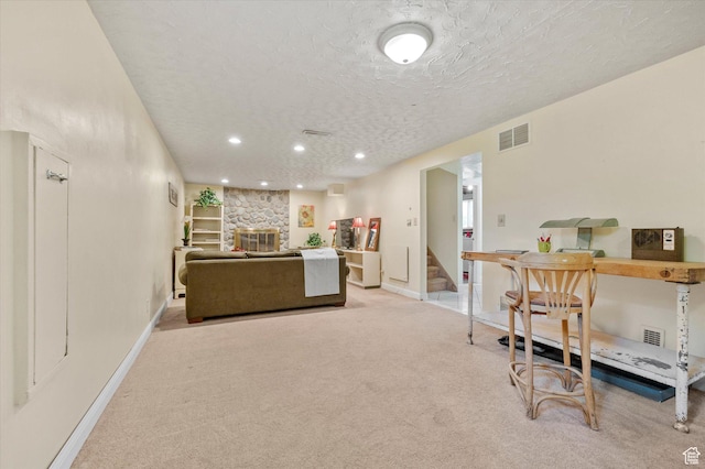 2068 S 200 E, Bountiful, UT 84010 - living area featuring a textured ceiling, carpet flooring, a fireplace, recessed lighting, and baseboards