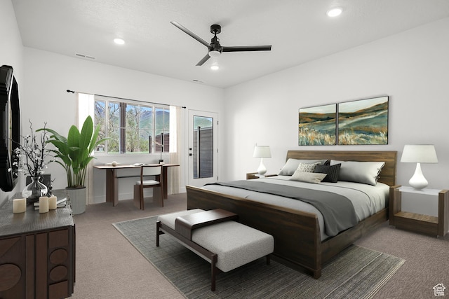 1631 W Century Ln Unit A, Mapleton, UT 84664 - carpeted bedroom with recessed lighting, ceiling fan, and access to exterior