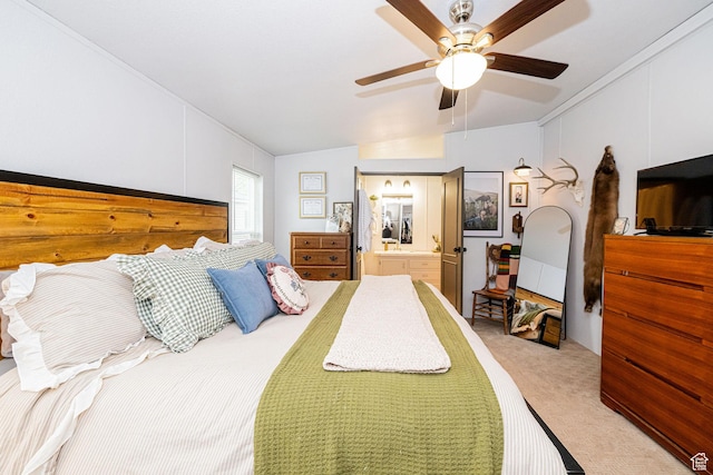 1935 S 1250 W, Logan, UT 84321 - bedroom with light colored carpet, ensuite bathroom, and a ceiling fan