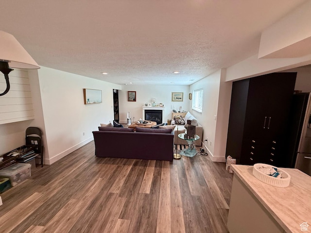 1367 N Brookhurst Cir, Centerville, UT 84014 - living room featuring a glass covered fireplace, wood finished floors, a textured ceiling, baseboards, and recessed lighting