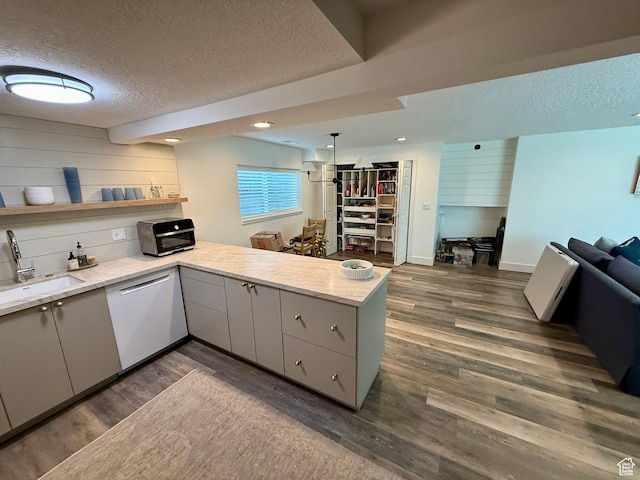 1367 N Brookhurst Cir, Centerville, UT 84014 - kitchen with a sink, gray cabinetry, dishwasher, a textured ceiling, and a peninsula