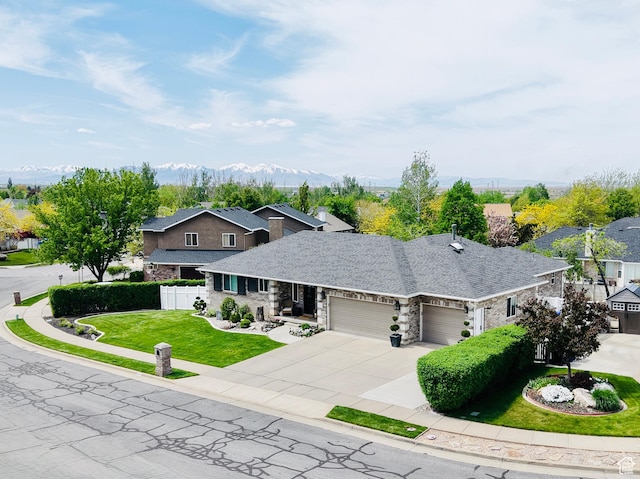1367 N Brookhurst Cir, Centerville, UT 84014 - view of front facade with an attached garage, driveway, stone siding, and a residential view
