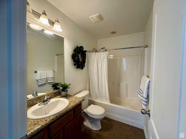 5062 W Valmont Way, Herriman, UT 84096 - bathroom featuring shower / tub combo with curtain, toilet, vanity, and tile patterned floors
