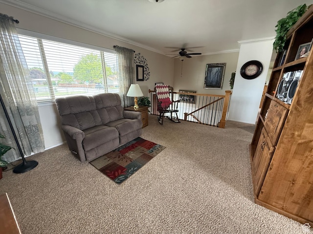 1255 W 200 S, Vernal, UT 84078 - living area with carpet, ornamental molding, a ceiling fan, and baseboards