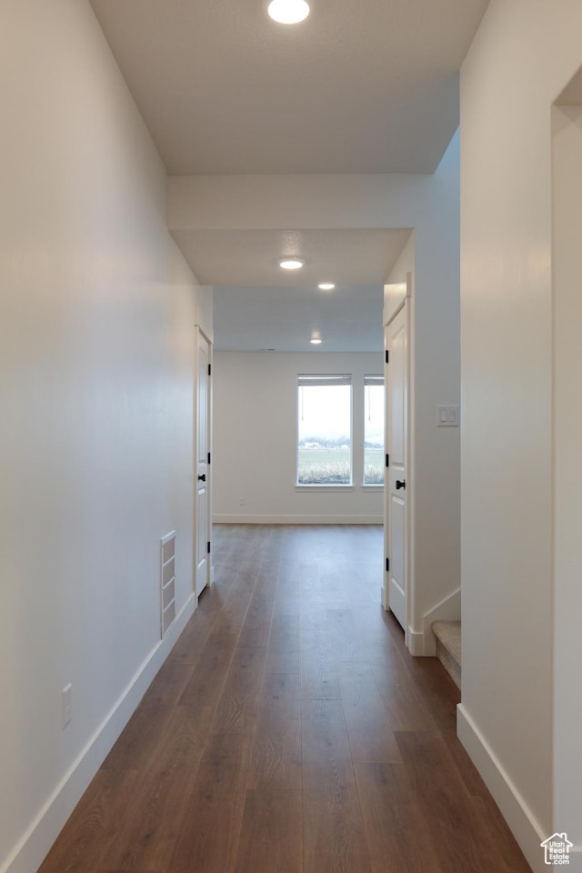 757 E 1250 S, Hyrum, UT 84319 - hallway with baseboards, recessed lighting, dark wood-type flooring, and stairs