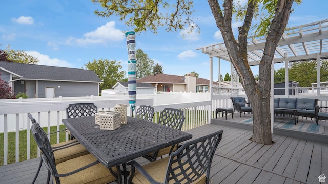 wooden deck featuring a fenced backyard, an outdoor hangout area, a pergola, and outdoor dining space