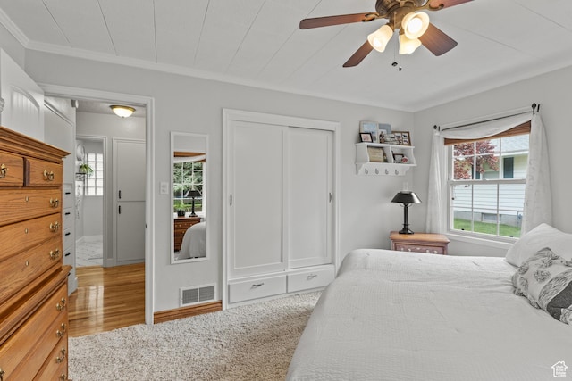 312 E 1st S, Preston, ID 83263 - bedroom featuring multiple windows, ornamental molding, light wood finished floors, and a ceiling fan