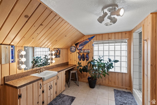 312 E 1st S, Preston, ID 83263 - kitchen featuring a sink, dark countertops, lofted ceiling, wooden walls, and light tile patterned floors