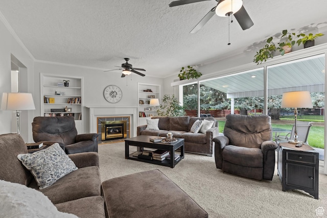 312 E 1st S, Preston, ID 83263 - living area with a ceiling fan, built in shelves, healthy amount of natural light, and a textured ceiling