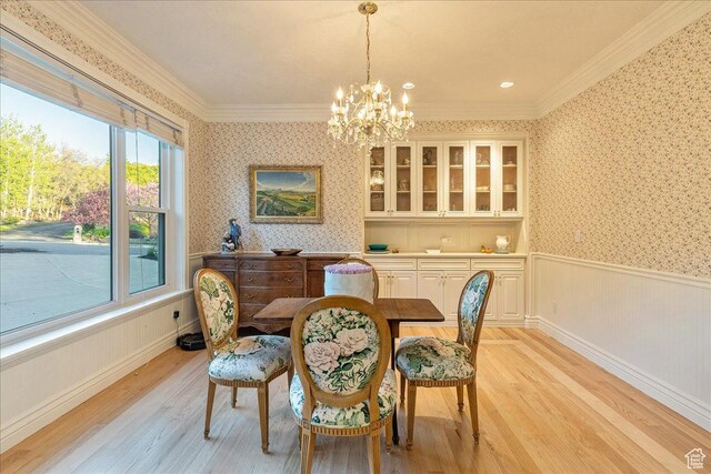 14 N 1025 E, Lindon, UT 84042 - dining room with wallpapered walls, wainscoting, light wood-type flooring, a chandelier, and crown molding