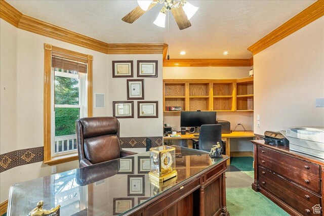 14 N 1025 E, Lindon, UT 84042 - carpeted home office featuring ornamental molding, ceiling fan, and built in study area